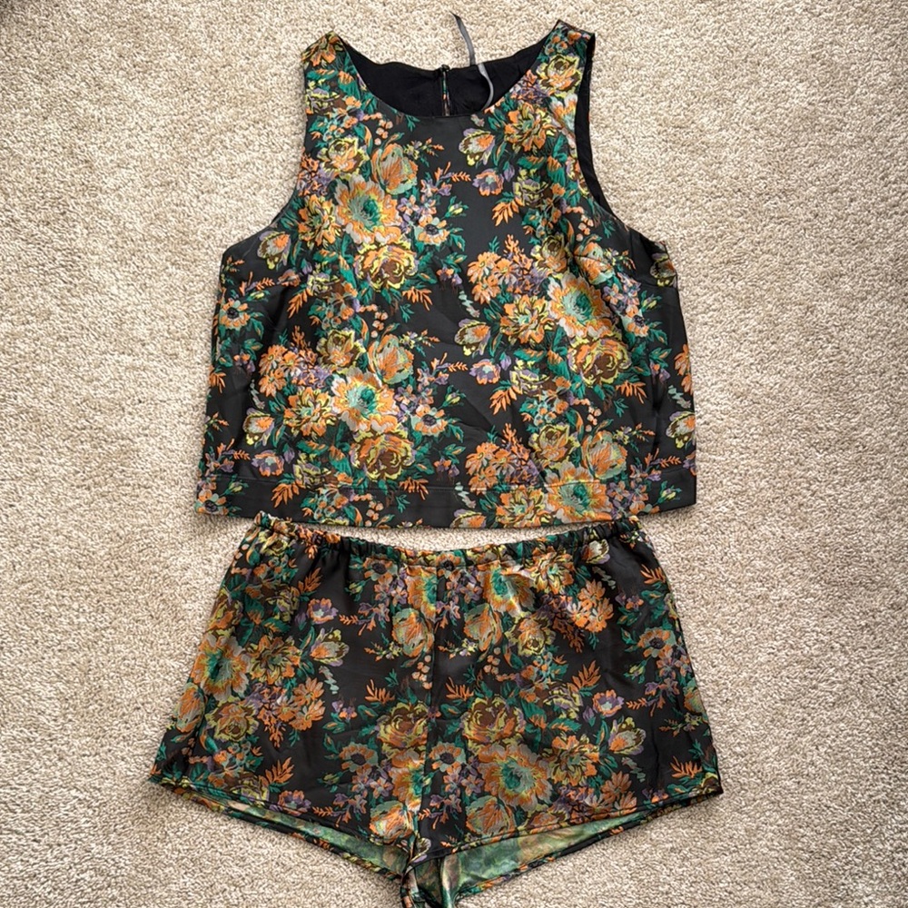 Anthropologie Black Floral Top and Short Set